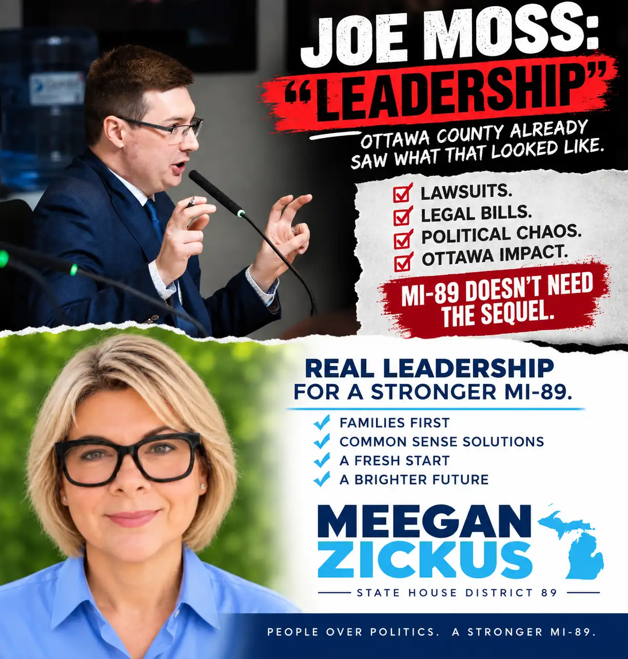 Campaign graphic comparing Joe Moss and Meegan Zickus. The full wording is available below.