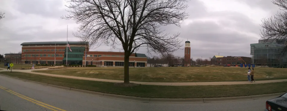 Grand Valley State University’s Allendale campus, with paths, classroom buildings and the clock tower